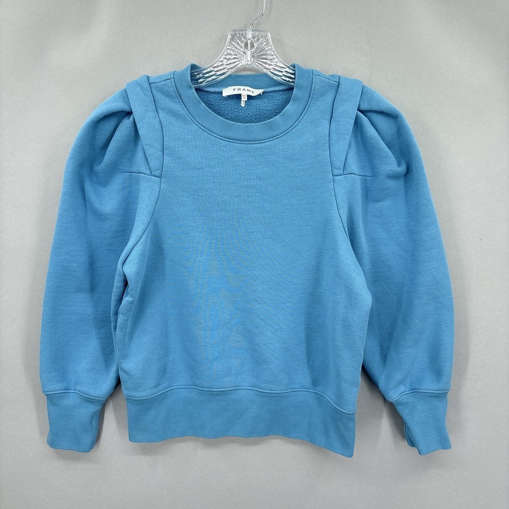 FRAME Sweatshirt Womens XS Blue Heritage Puff Shoulder Fleece Pullover Crewneck